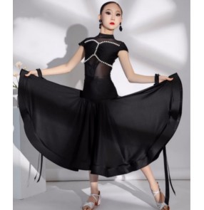 Girls kids black white latin ballroom dance dresses for children Pearl waltz tango flamenco latin performance long swing skirts for kids